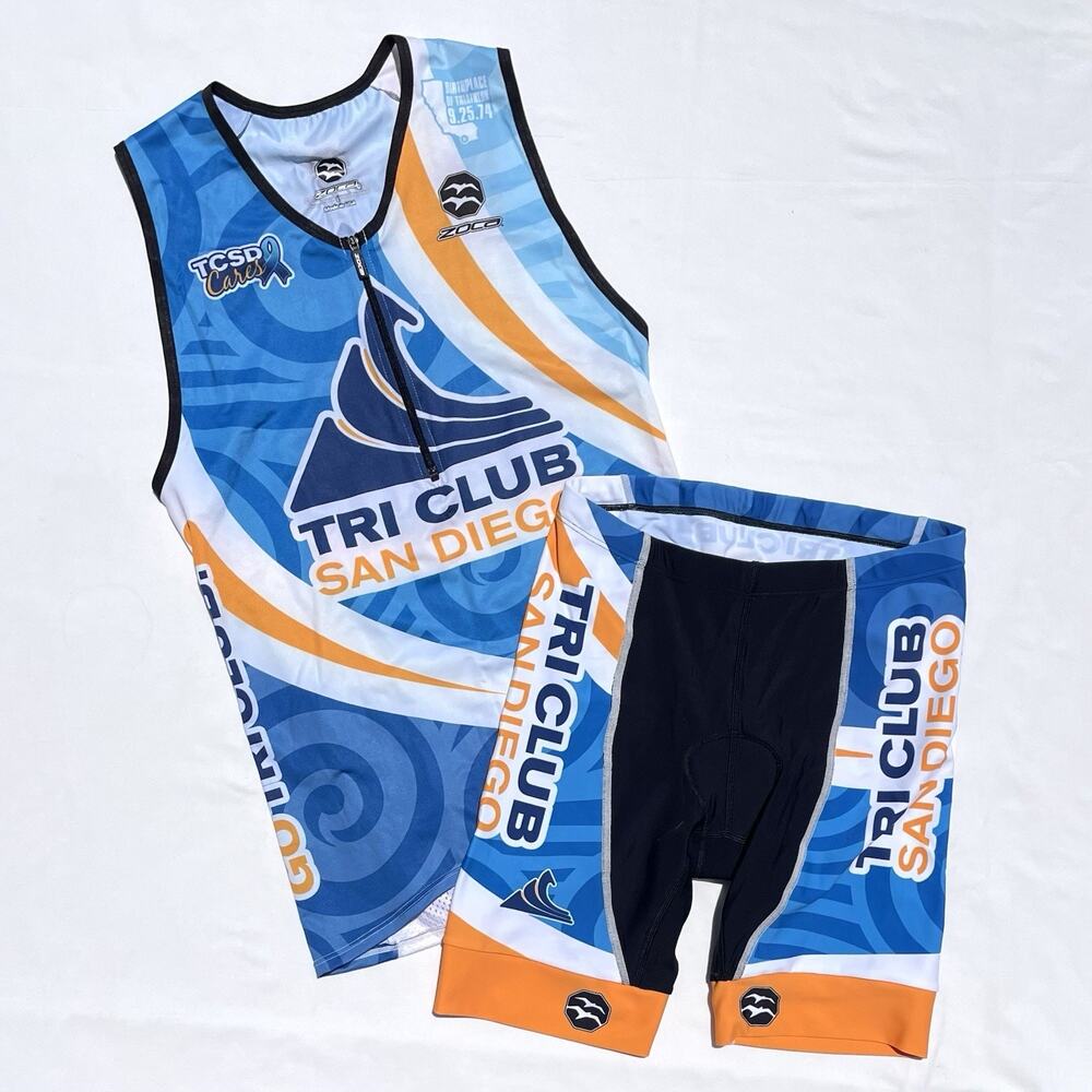 Zoca Tri Club San Diego Triathlon Set Womens Med Lg Jersey Tank Top Shorts
